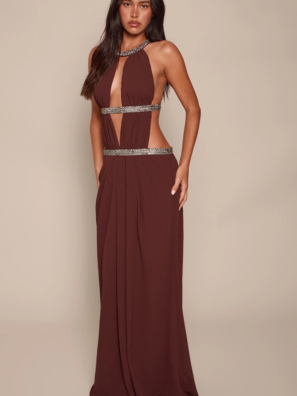 Elegant Brown Evening Gown with Embellished Trim